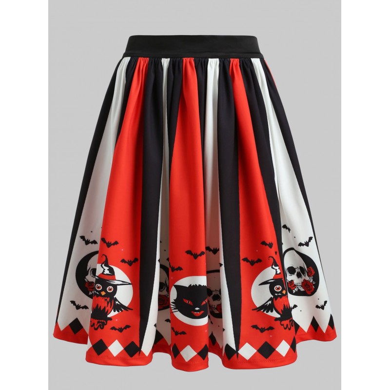 Halloween Skull Owl Print Pleated Skirt -  Xl