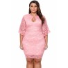 Plus Size Bell Sleeve Keyhole Lace Bodycon Midi Evening Dress Pink