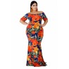 Plus Size Off Shoulder Floral Print Maxi Evening Dress Tangerine