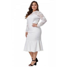 Plus Size Long Sleeve Floral Lace Peplum Hem Evening Dress White