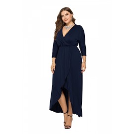 Elegant Plus Size V Neck 3/7 Sleeve Wrap Plain Maxi Dress Navy Blue