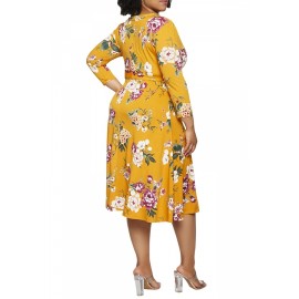 Plus Size Floral Midi Dress With Belt Yellow