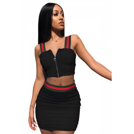 Apparel Plus Size Zip Up Crop Top&Mini Skirt Bodycon Two-Piece Dress Black