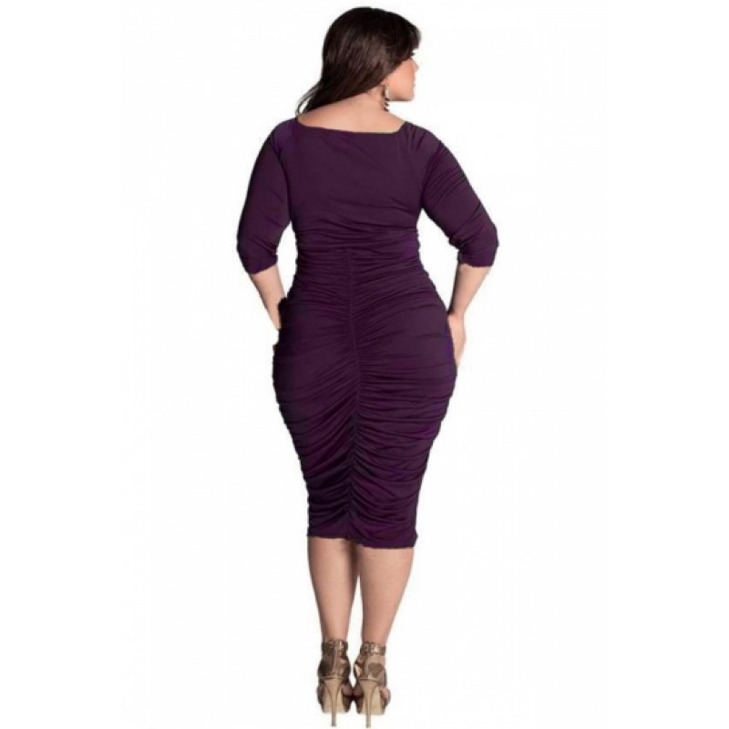 Cheap Plus Size Wrap V-Neck Ruched Midi Dress Purple
