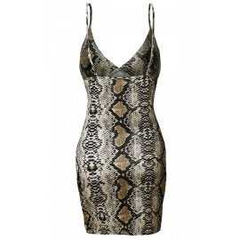 Plus Size Apparel Deep V Neck Snakeskin Print Bodycon Club Slip Dress Brown