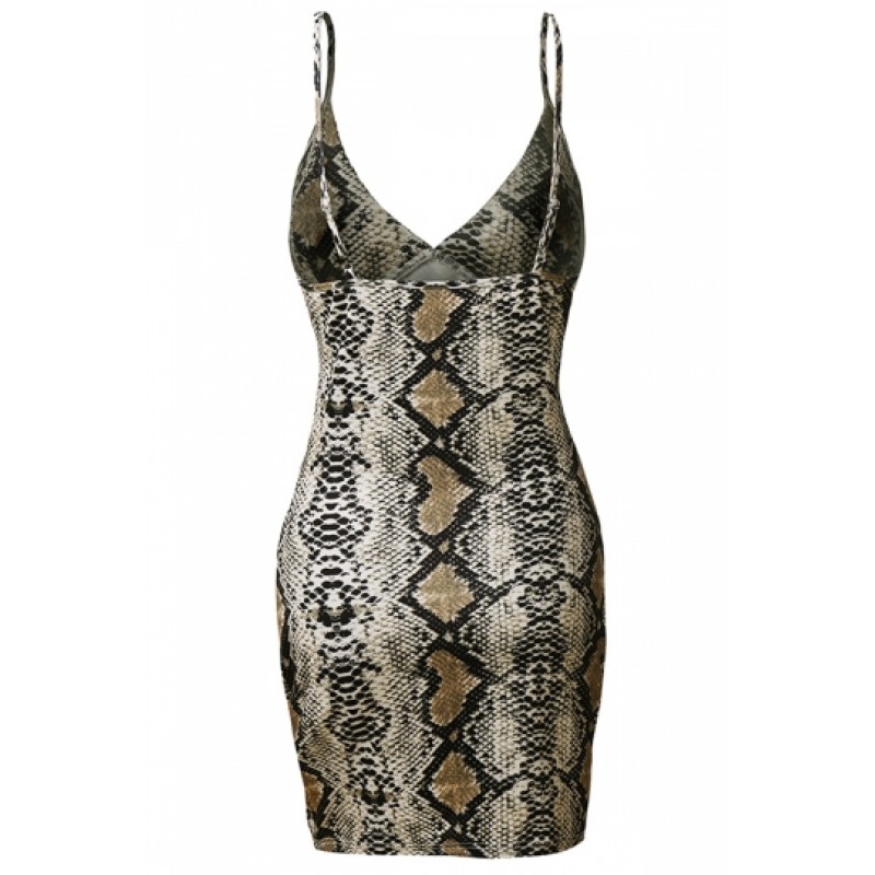 Plus Size Apparel Deep V Neck Snakeskin Print Bodycon Club Slip Dress Brown