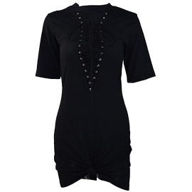 Apparel Lace-Up V Neck Short Sleeve Shirts & Tops Black Club Dresses
