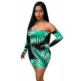 Apparel Off Shoulder Long Sleeve Lace Up Leaf Print Bodycon Dress Green