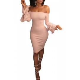 Apparel Bell Sleeve Off Shoulder Bodycon Club Dress Pink