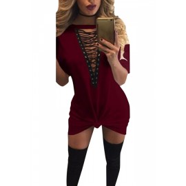 Apparel Lace-Up V Neck Short Sleeve Shirts & Tops Ruby Club Dresses