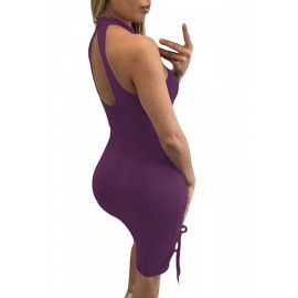 Womens Apparel Lace Up Halter Cut Out Midi Clubwear Dress Purple