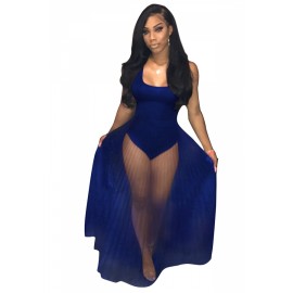 Apparel Sleeveless Bodysuit See Through Pleated Club Dress Sapphire Blue