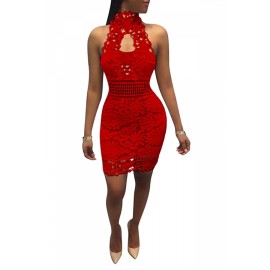 Apparel Lace Halter Hollow Out Plain Sleeveless Backless Club Dress Red