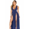 Apparel V Neck Sleeveless High Two Slits Front Maxi Blue Club Dresses