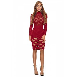 Womens Long Sleeve Sheer Bandage Cut Out Bodycon Clubwear Dress Red