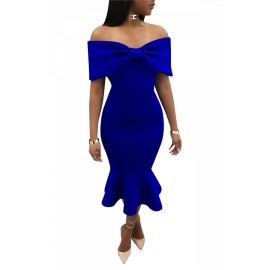 Womens Apparel Off Should Bow Front Ruffle Mermaid Evening Dress Blue
