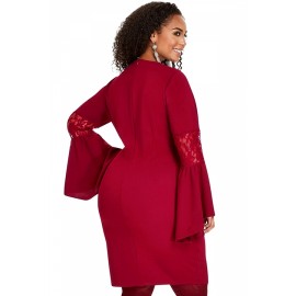 Plus Size V Neck Lace Bell Sleeve Plain Sheath Evening Dress Red