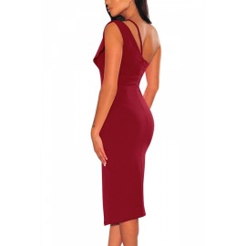 Asymmetrical Shoulder Split Bodycon Evening Dress Ruby