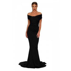 Elegant Off Shoulder Short Sleeve Plain Mermaid Evening Dress Black