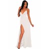 Deep V Neck Ruffle Lace Up Maxi Dress White