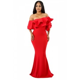 Apparel Off Shoulder Ruffle Bodycon Plain Maxi Mermaid Evening Dress Red