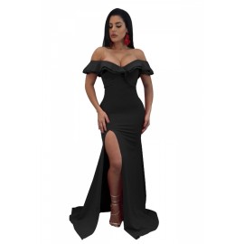 Womens Apparel Off Shoulder Ruffle Collar Side Slit Maxi Dress Black