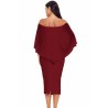 Elegant Off Shoulder Mesh Plain Bodycon Midi Evening Dress Ruby
