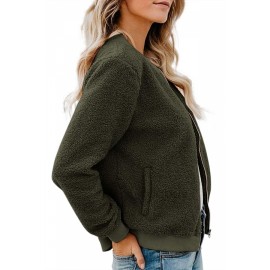 Stand Collar Fuzzy Jacket Long Sleeve Olive