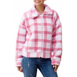 Plaid Sherpa Faux Fur Jacket For Women Pink