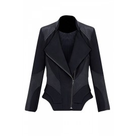 Womens Slimming Turndown Collar Zipper Design PU Leather Jacket Black