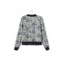 Gray Stylish Womens Long Sleeves Round Neck Floral Print Jacket