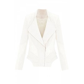 Womens Slimming Turndown Collar Zipper Design PU Leather Jacket White