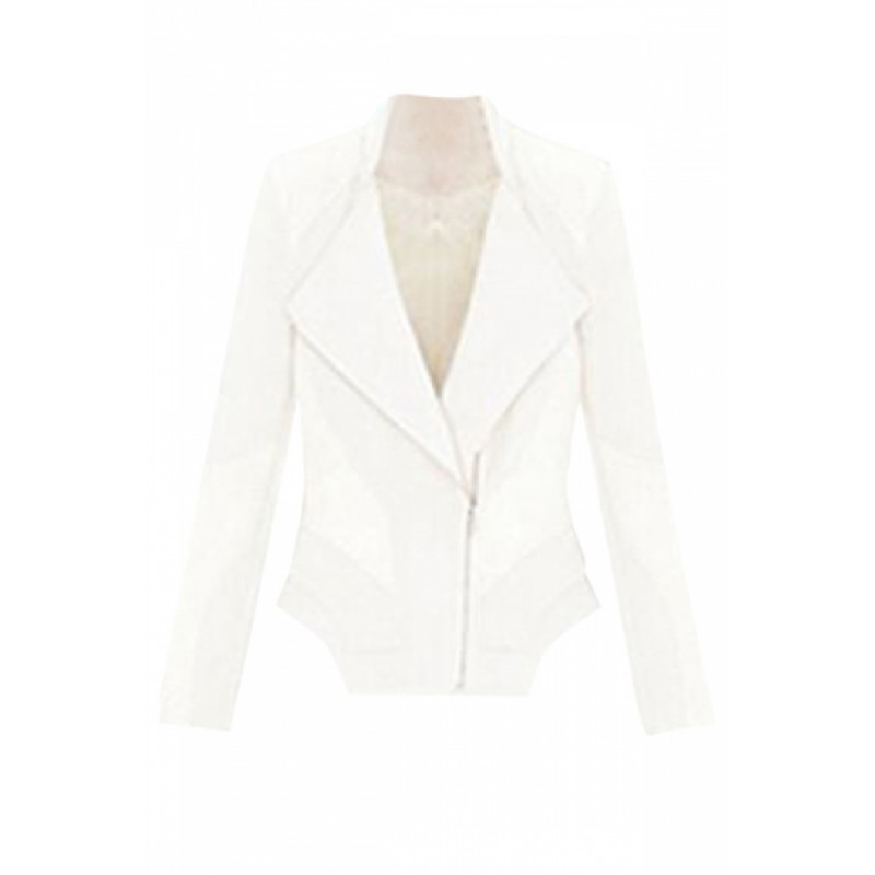 Womens Slimming Turndown Collar Zipper Design PU Leather Jacket White