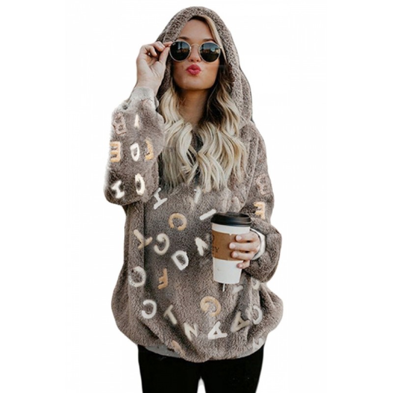 Fashion Long Sleeve Letter Print Fluffy Loose Hoodie Coffee