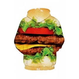 Womens Hamburger Printed Zip Up Fleece Drawstring Hoodie Green