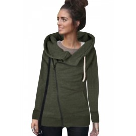 Womens Oblique Side Zipper Long Sleeve Plain Hoodie Army Green