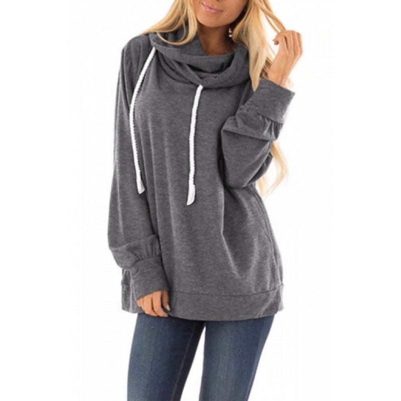 Long Sleeve Hoodie With Drawstring Gray