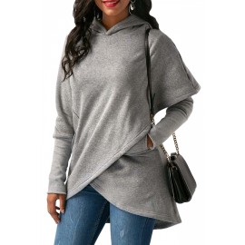 Womens Long Sleeve With Pocket Asymmetrical Hem Plain Hoodie Gray