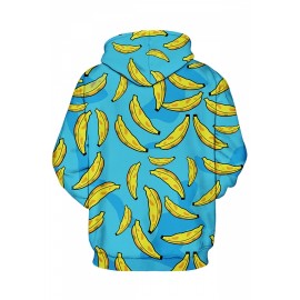 Womens Banana Printed Long Sleeve Pocket Pullover Hoodie Blue