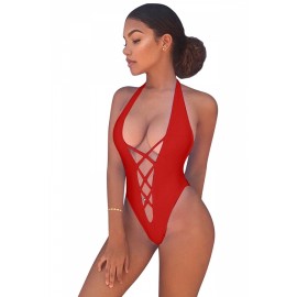 Womens Apparel Halter Backless Cut Out High Cut One Piece Swimsuit Red