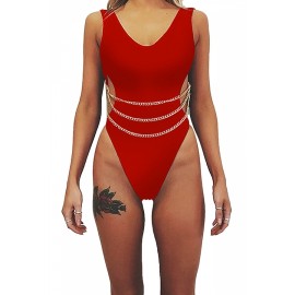 High Cut Cut Out Plain Chain One Piece Swimsuit Red