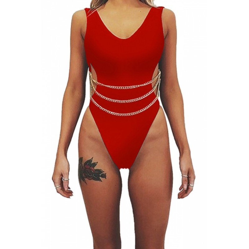 High Cut Cut Out Plain Chain One Piece Swimsuit Red