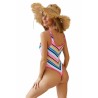 High Cut One Piece Scoop Neck Color Striped Swimsuit Pink