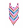 High Cut One Piece Scoop Neck Color Striped Swimsuit Pink