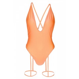 V Neck Criss Cross Backless Garter Belt Plain One Piece Swimsuit Orange