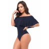 Womens Off Shoulder Ruffled Plain One Piece Swimsuit Navy Blue