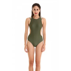 Apparel Sleeveless Backless Strappy Plain One Piece Swimsuit Green