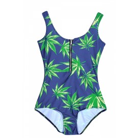 Womens Marijuana Leaf Digital Printed Zipper One-piece Monokini Green