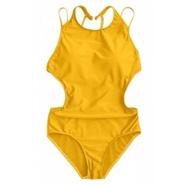 Apparel Sleeveless Backless Strappy Plain One Piece Swimsuit Yellow