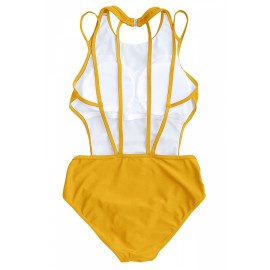 Apparel Sleeveless Backless Strappy Plain One Piece Swimsuit Yellow